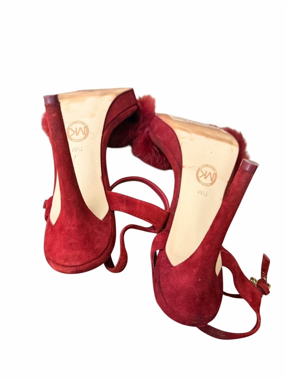 Michael Kors Red Suede Fur-Trim Stiletto Sandals - Picture 5 of 6